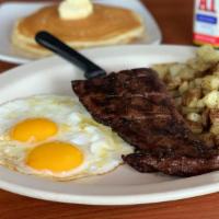 Skirt Steak & Eggs · Two eggs made fresh to order with our char-broiled 8 oz Skirt steak. Served with a side.