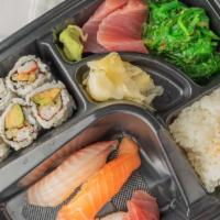 Box 1 · California roll (1), sashimi tuna (2), sushi tuna (1) salmon (1) red snapper (1) seaweed sal...