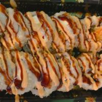 Godzilla Roll (10) · Shrimp tempura, cucumber, avocado, crab stick, cream cheese, topped crunch w coconut, spicy ...