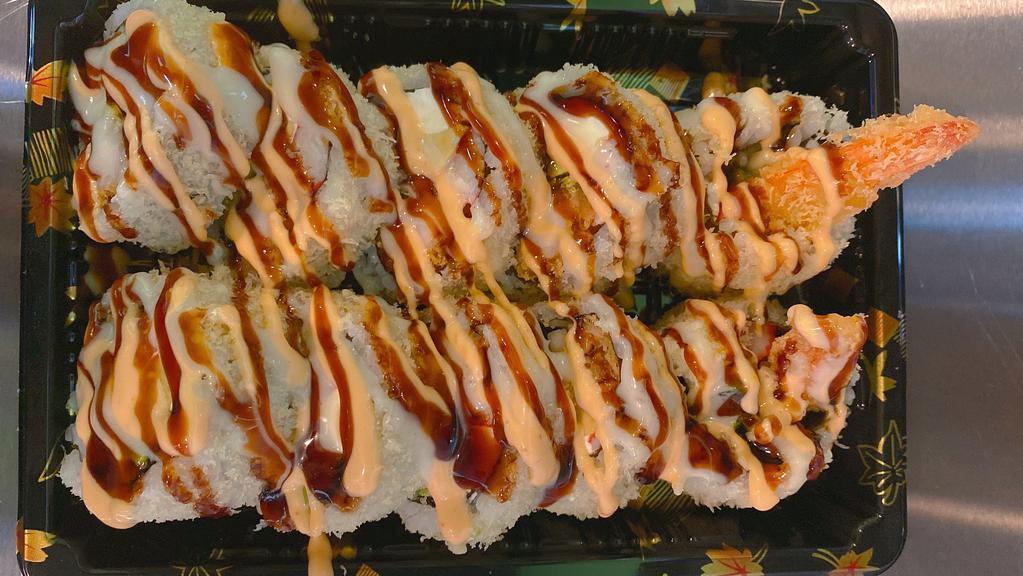 Godzilla Roll (10) · Shrimp tempura, cucumber, avocado, crab stick, cream cheese, topped crunch w coconut, spicy mayo & eel sauce.