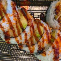 Shrimp Tempura Roll (5) · 2 pcs shrimp tempura, cucumber & avocado w. eel sauce & tobiko on top.