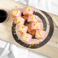Pink Lady Roll (8) · Avocado, spicy crab stick wrapped with soybean paper and topped with crunch and spicy mayo s...