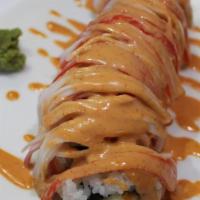 Spicy Texas Roll · Cook- tempura shrimp, avocado top with shredded imitation crab meat and spicy mayo