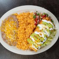 Chimichanga · choice of beef or chicken (with sour cream, guacamole, lettuce & cheese).