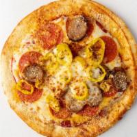 The Triplet  · Mozzarella and provolone, crumbled sausage, old world pepperoni, with banana peppers.