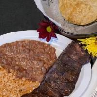 Arrachera · Authenic Carne Asada dish with  Rice and beans.
Viende con Arroz y Frijol