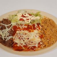 Red Chicken Enchiladas  · Enchiladas with red sauce, served with refried beans and rice topped with Lettuce, Tomatoes,...