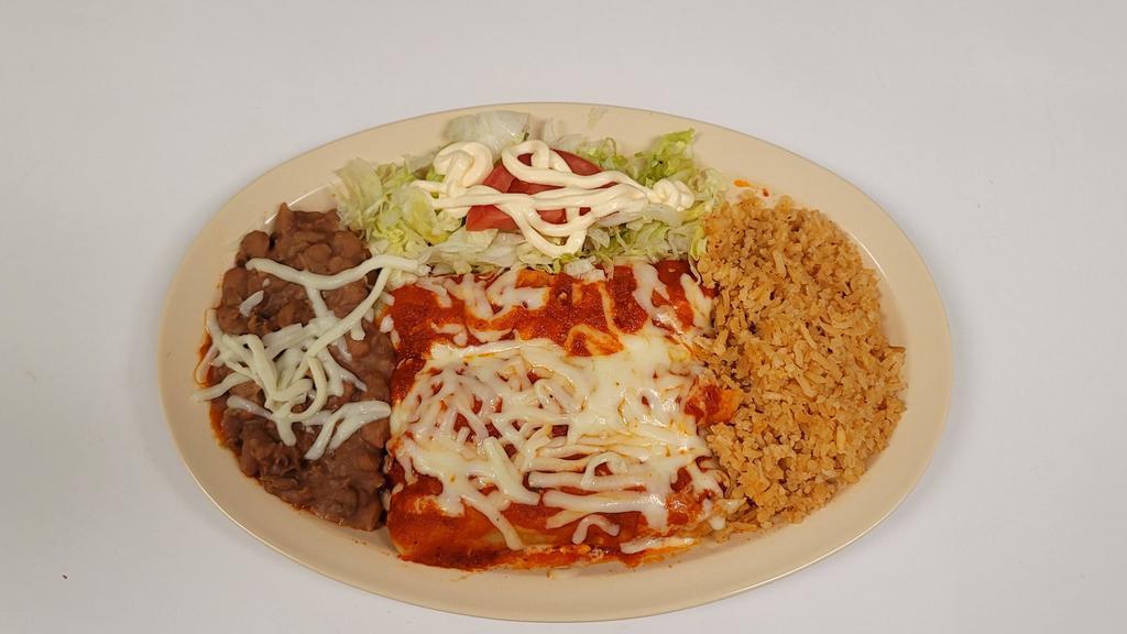 Red Chicken Enchiladas  · Enchiladas with red sauce, served with refried beans and rice topped with Lettuce, Tomatoes, & Sour Cream
