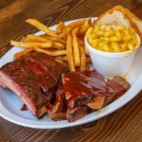 Ribs & One Meat Dinner · 3 ribs & choice of brisket, pork, turkey, bologna, hot link, pulled chicken or sausage.