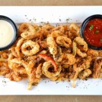 Calamari Classico (New & Improved) · Breaded calamari with sweet peppers and onions, served with marinara and
lemon aioli.