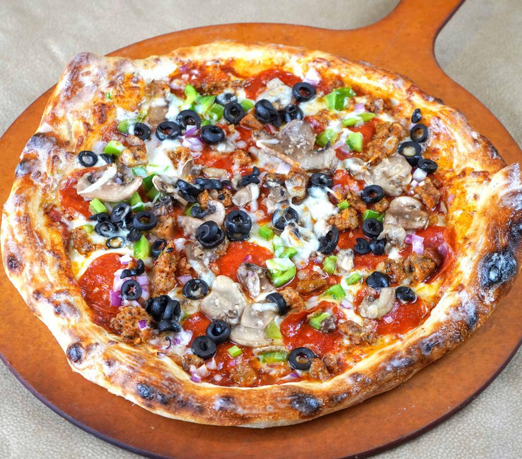 Zio’S Combo Pizza · Homestyle tomato sauce, pepperoni, Italian sausage, mushrooms, bell peppers, red onions, black olives, and mozzarella cheese.