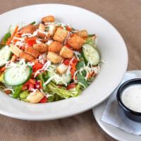 Garden House Salad · Zio’s mixed greens blend, cucumber slices, diced tomato, carrots, shredded mozzarella, and h...
