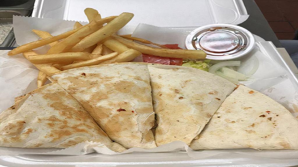 Quesadilla Special · Choice of philly steak, chicken or gyro. Choice of salad or French fries.