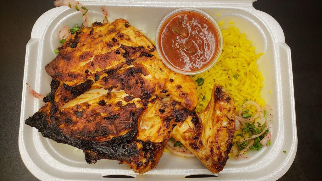 Grilled Chicken (Bone-In) · Served with rice .