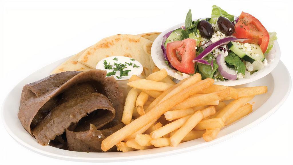 Gyro Plate · Thin slices of beef cooked on a rotisserie. Served with fries, cucumber sauce, house salad and pita bread.