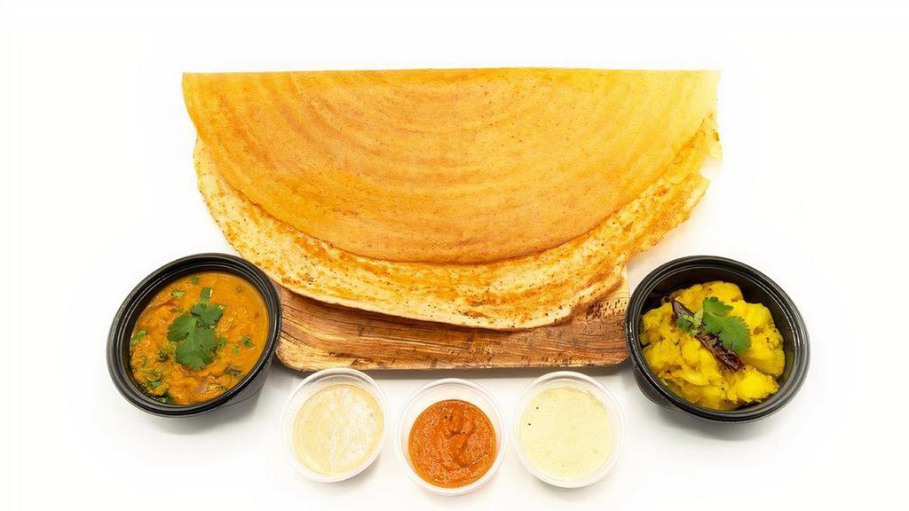Masala Dosa · Fermented‎ crepe or rice cake made w/ rice & lentil batter, served w/ potato masala, sambhar & chutneys.
