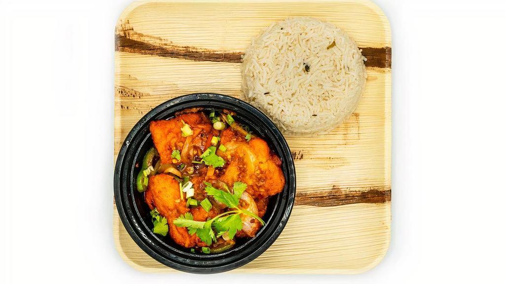 Chilli Fish · Spiced & battered fish cubes cooked w/ capsicum, onion & special chilli sauce, topped w/ shreds of ginger & cilantro.