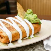 Chimichangas · Deep Fried Burrito with Beans, Cheese, your Choice of Meat inside. Guacamole and Sour Cream ...