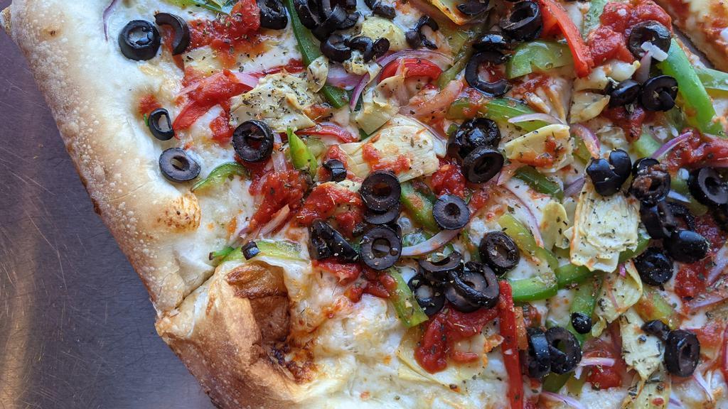 All The Veg (Slice) · Mozzarella cheese, cacciatore tomatoes, marinated artichokes, bell peppers, red onions, black olives.