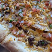 Chorizo Quesadilla · Chipotle creme, Pepper Jack cheese, chorizo, tortilla top, Cheddar cheese, pico de gallo.