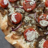 Vegan Gyro · Good Planet® mozzarella, garlic oil, vegan gyro, vegan tzatziki, tomatoes, onions.