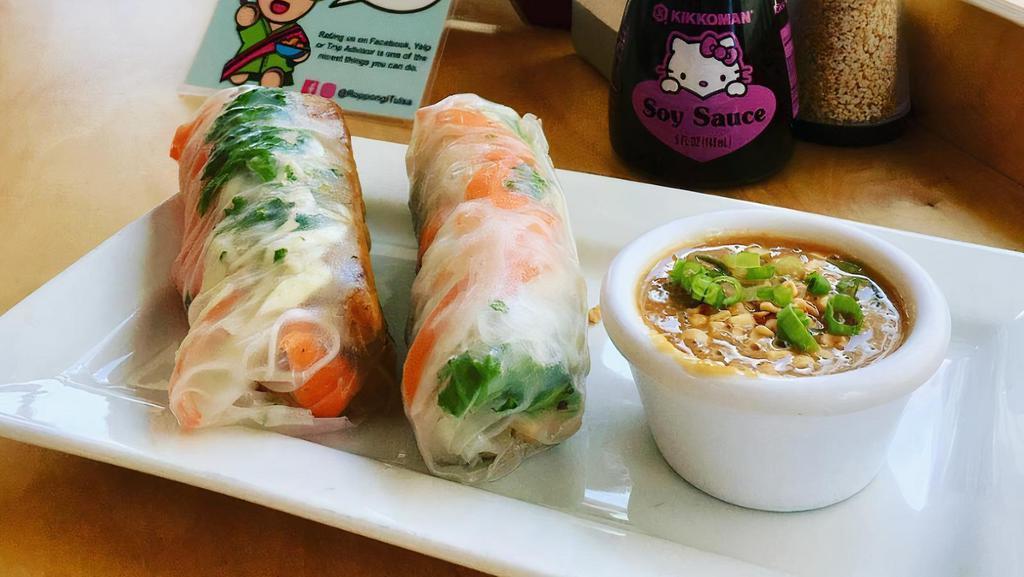 Tofu Spring Rolls · Tofu, cabbage, kale, carrots, daikon and rice noodles in rice wrapper served with peanut sauce.
