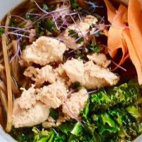 Free-Range Chicken Ramen · Ramen noodle soup with Shoyu broth, free-range chicken, kale, bamboo, ginger carrots, scalli...