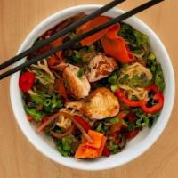 Chicken Bowl · Ramen noodles or steamed white rice tossed with free range chicken, grilled red bell pepper,...