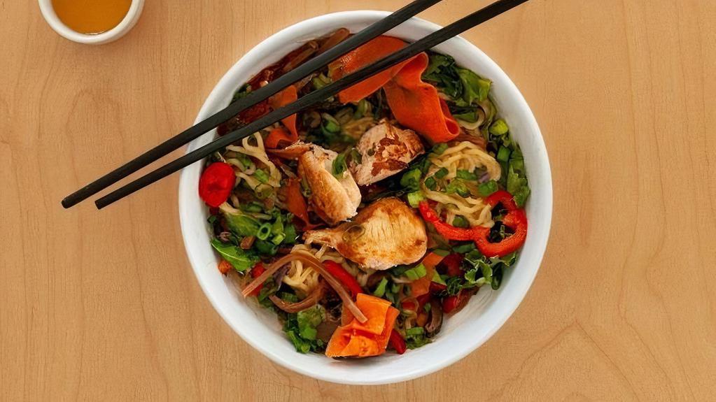 Chicken Bowl · Ramen noodles or steamed white rice tossed with free range chicken, grilled red bell pepper, kale, marinated shiitake mushrooms, ginger carrots, bamboo, and scallions.