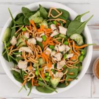 Asian · 480-550 cal. Grilled antibiotic-free chicken, chow mein noodles, cucumbers, carrots, edamame...