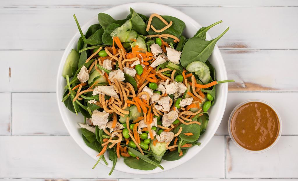 Asian · 480-550 cal. Grilled antibiotic-free chicken, chow mein noodles, cucumbers, carrots, edamame & roasted peanut ginger dressing.