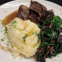 Boneless Beef Ribs  · Rosemary mashed potato / Portabella mushroom & spinach sauteed with arugula butter