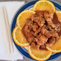 Orange Chicken · Hot and spicy. White meat. Chunks of fried chicken with orange-flavored hot spicy sauce. Ser...