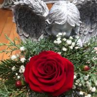 Concrete Angels With Red Rose And Greenery · Send a Keepsake Concrete Garden Angel for display with a red rose and foliage as a memorial ...