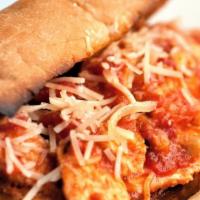 Chicken Parmesan Hoagie · Oven-baked chicken, thinly sliced, covered in our savory marinara sauce, topped with melted ...