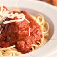 Spaghetti · Two classic, homemade meatballs, adorned with our original old school spaghetti sauce, toppe...