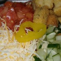 Garden Side Salad · Freshly chopped salad mix with tomato, cucumber, Colby jack cheese and croutons with your ch...
