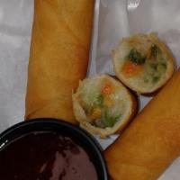 Veggie Spring Rolls · Three Fried Veggie spring rolls with Thai Chili Sauce
