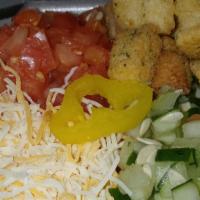 Garden Side Salad · Fresh cut tossed salad with carrots, Tomatoes, Shredded Colby Jack Cheese, Cucumbers , and C...
