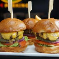 Burger Sliders · 3 mini burgers with American Cheese, Burger  Sauce, Lettuce, Tomato, Red Onion & Pickles