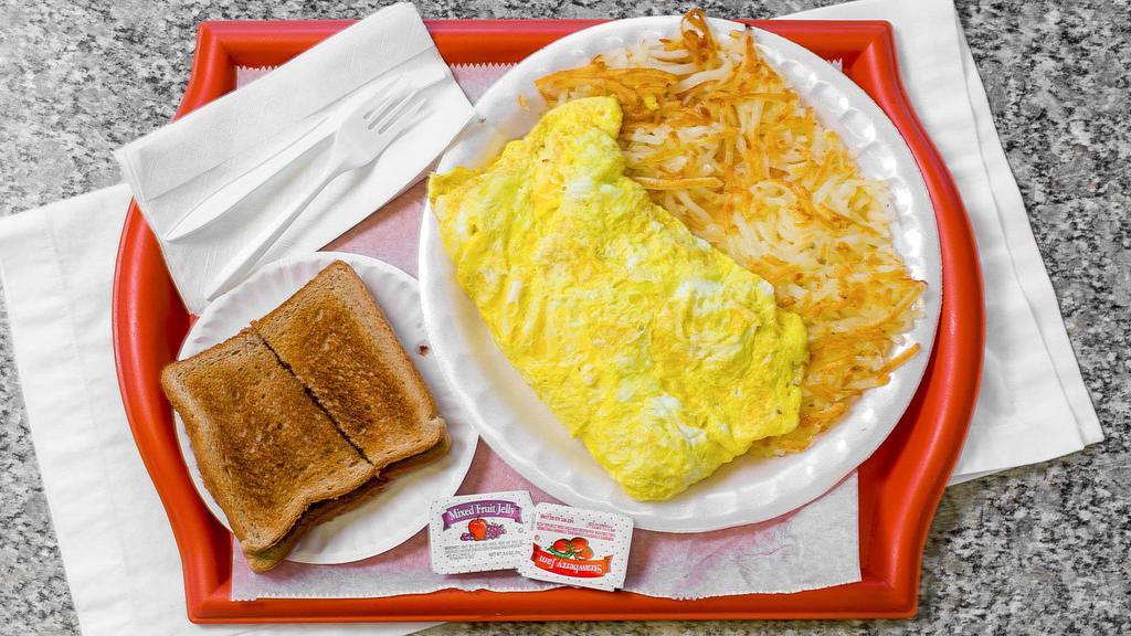 Coleman A. Young Omelette · Includes 4 eggs, ham, bacon, sausage, loose hamburger, green peppers, onions, Swiss and American cheese. Served with toast, jelly and choice of hash browns or grits.