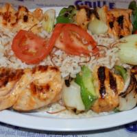 Chicken Kebab · Served w/Rice Pilaf, Grilled Onion, Green Pepper, Carrots, Pita & house made Garlic sauce