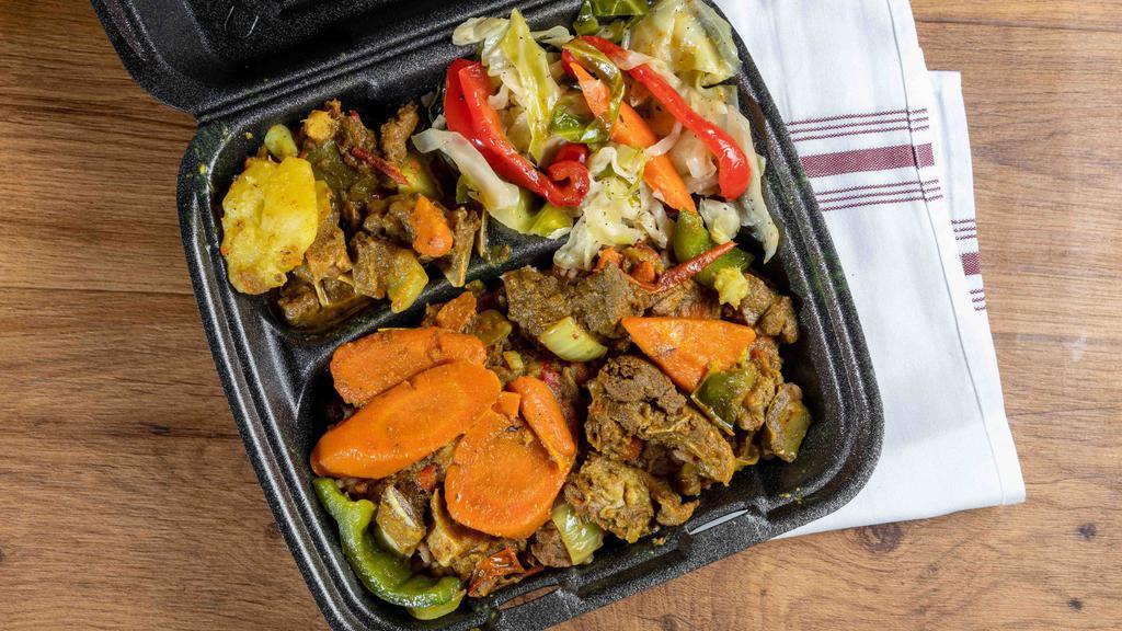 Curry Goat Dinner · Comes with red beans and rice or can substitute plus a side of your choice