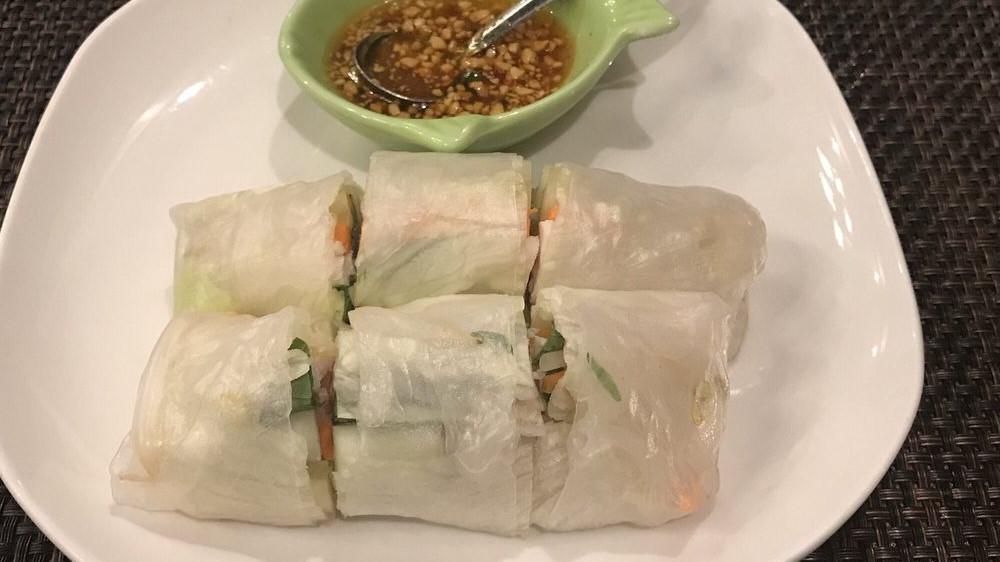 Fresh Rolls (3) · Choice of meat rolled rice wrapper with romaine lettuce, cucumber, bean sprouts, grated carrots, mint, cilantro, and crushed peanuts plum sauce.