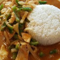 Panang Curry  (Gang Panang) · Choice of meat in Thai curry Panang sauce with coconut milk, bell peppers, white onion and k...