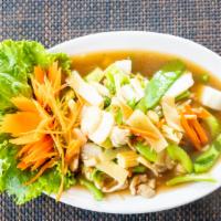 Pad Pak · Choice of meat stir-fried with bamboo shoots, bell peppers, carrots, water chestnuts baby co...