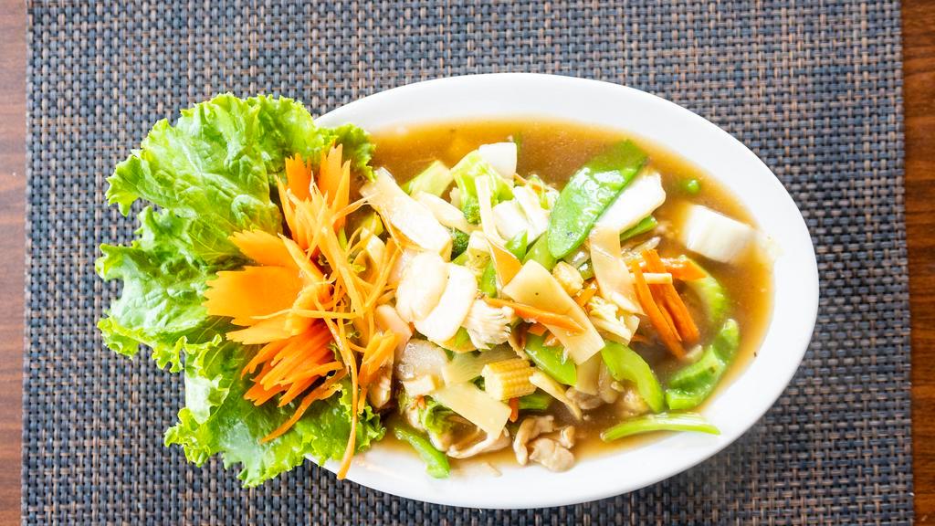 Pad Pak · Choice of meat stir-fried with bamboo shoots, bell peppers, carrots, water chestnuts baby corn, broccoli, onions, celery, napa cabbage and bean sprouts in brown sauce.