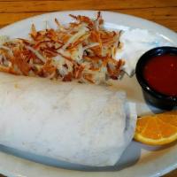 Breakfast Burrito · Scrambled eggs, choice of breakfast meat, peppers, onions and cheese. Served with hash brown...