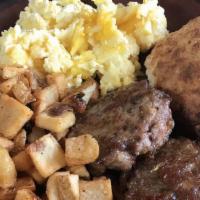 Two Egg Breakfast · Two eggs any style, choice of bacon or house made sausage patty, breakfast potatoes, choice ...