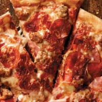 Small All Meat Pizza · 6 slices. Classic pepperoni, ham, Italian sausage, bacon, our signature sauce and 3-cheese b...